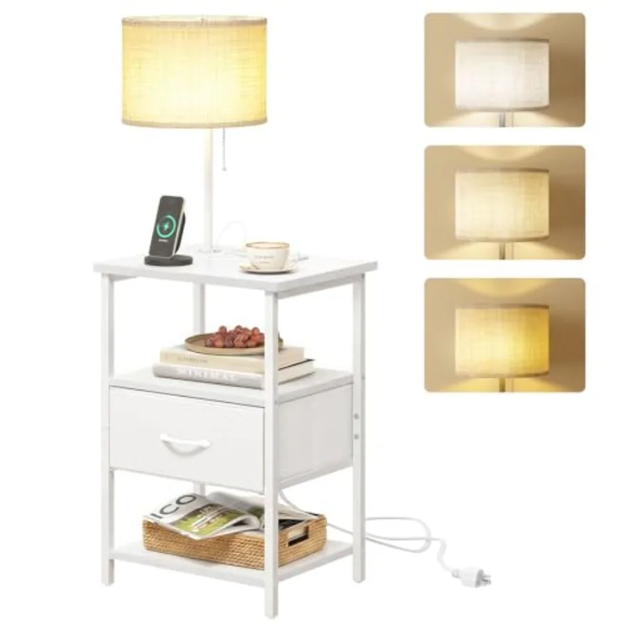 

Bedside Table with 3 Color Temperatures Bulb Attached, Nightstand with Charging Station and Lights, End Table with Fabric Drawe