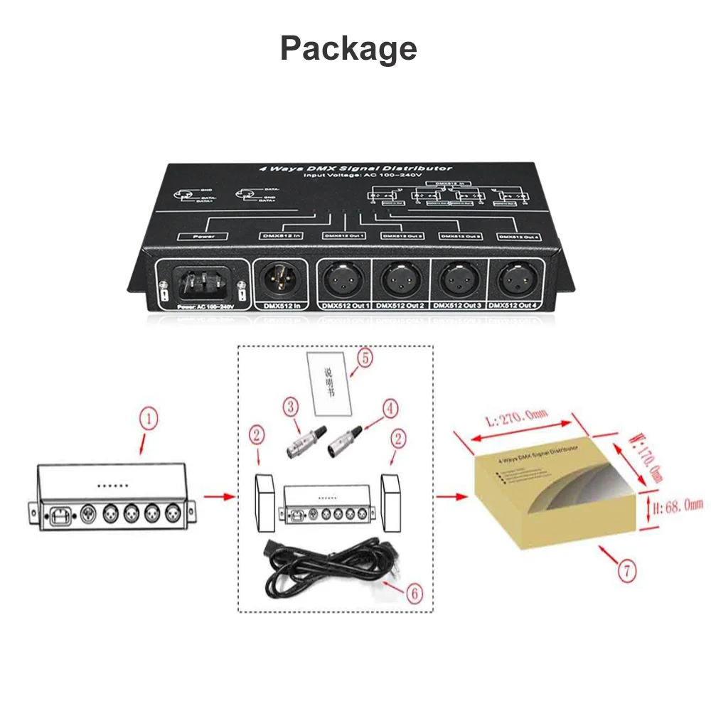 Splitter amplificatore DMX512, ripetitore segnale DMX, 4 vie 4 porte di uscita distributore segnale DMX