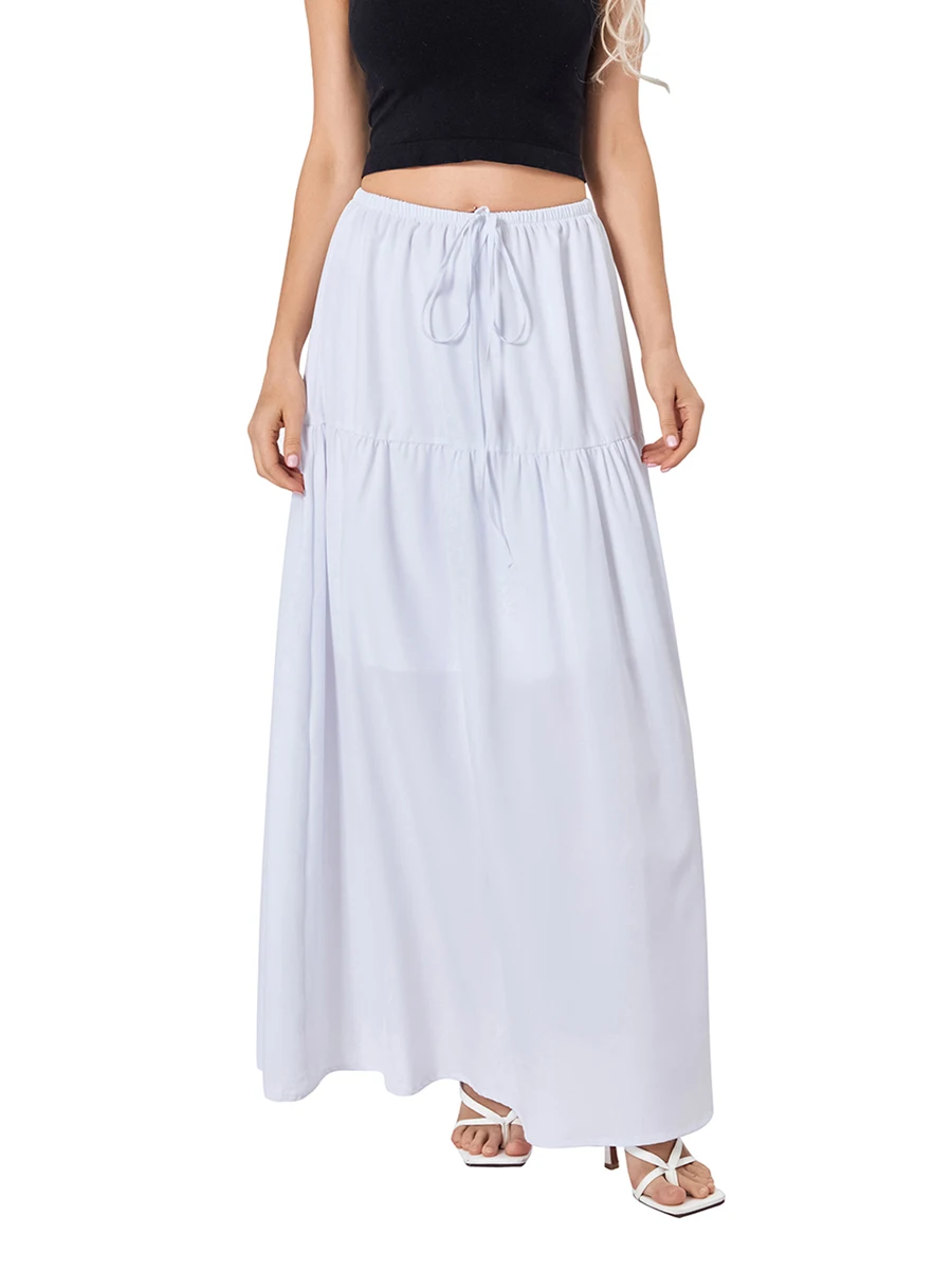 Summer Women s White Long Flowy Skirt Y2K Elastic Waisted A-Line Maxi Skirt for Beaches Club Streetwear