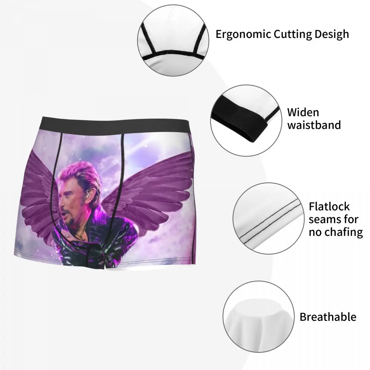 Personalizado Johnny Hallyday Anjo Asas Boxers Shorts, Cuecas Masculinos, Calcinha Respirável, Cantor De Rock Francês, Cuecas De Música, Roupa Interior