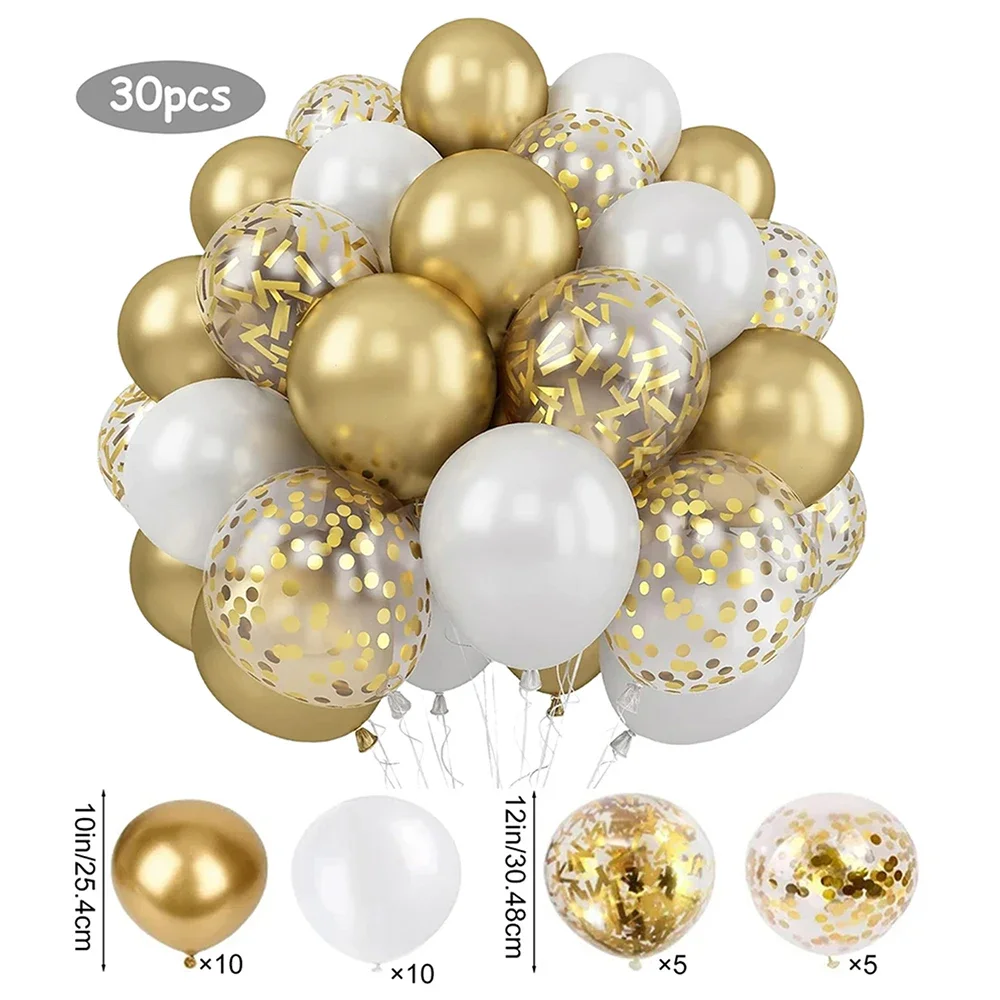 30 Stück 12 Zoll weiße und goldene Luftballons perlweiße Luftballons goldene Konfetti-Luftballons für Geburtstag, Hochzeiten, Jubiläumsfeier – Detail 9