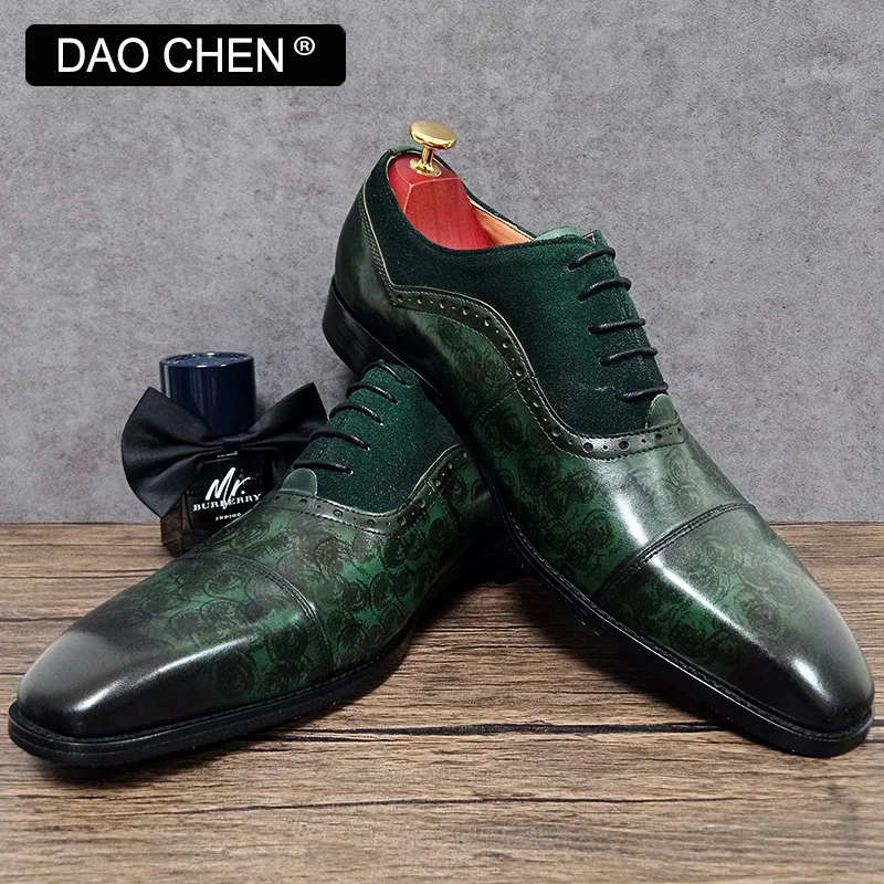 ITALIAN MEN'S OXFORD SHOES GREEN BROWN LACE UP CASUAL MENS DRESS SHOES OFFICE BUSINESS WEDDING MEN GENUINE LEATHER SHOES