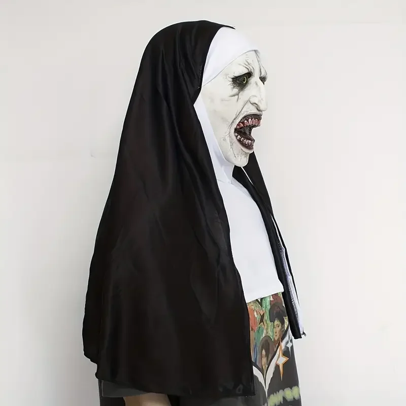 Maschera da suora Urlo Horror Fantasma Viso Copricapo Spaventoso Maschera da travestimento Festa di Halloween Parodia Puntelli Casa stregata Decorazione cosplay