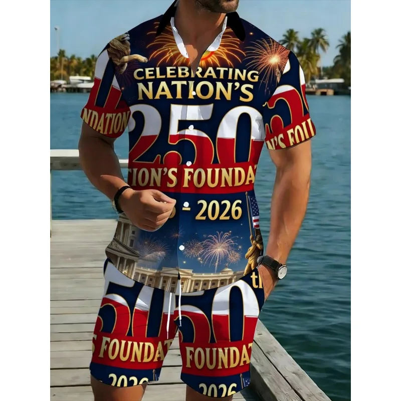 Men's 2026 US National Day Red White Blue Printed Shirt Shorts Set Polyester Lightweight Durable Beachwear