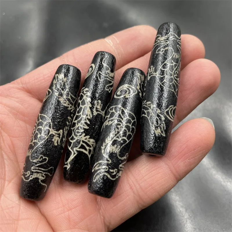 Cheap Jade Tibetan Retro Distressed Coated Black Dragon Pattern Agate Le Zi 57mm Long Agate Tube Beads