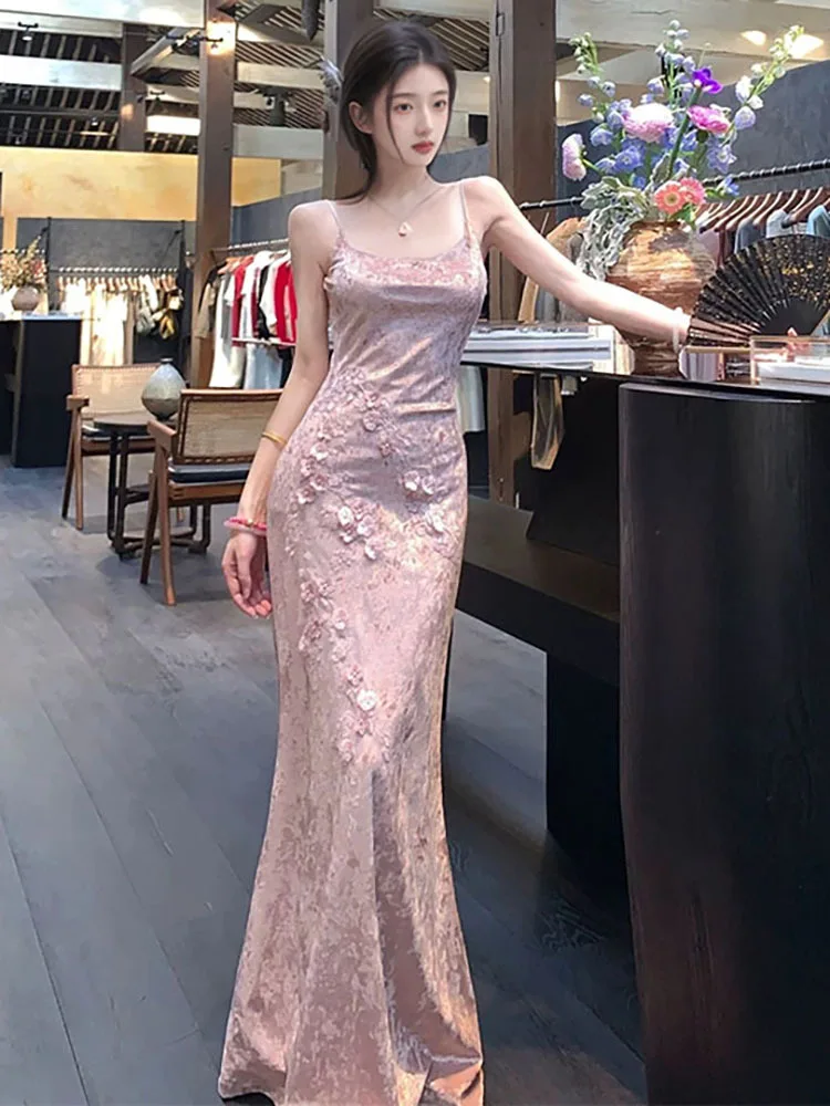 

Spicy Girl Style New Velvet Long Sleeveless High-end Elegant Strap Dress