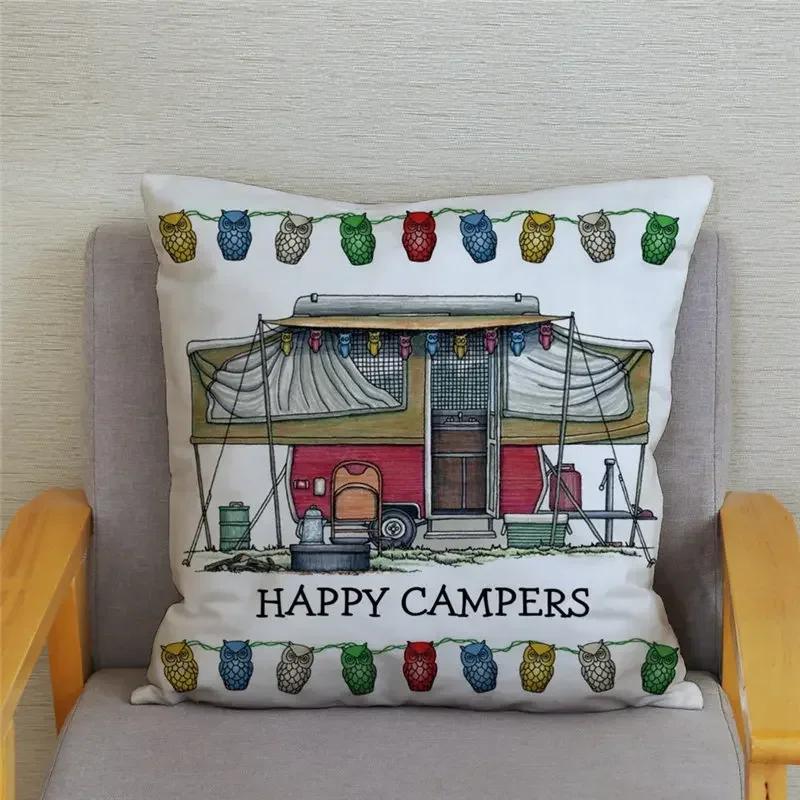 45x45cm Happy Campers Car Soft Cushion Cover Print Pillow Covers Soft Throw Pillow Case Sofa Home Decor Owl Pillowcase