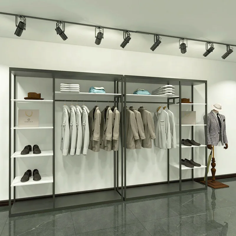 custom，Men Clothes Shop Fixuture Black Metal Display Rack Stand with Led Light Garment Store Showroom Furniture