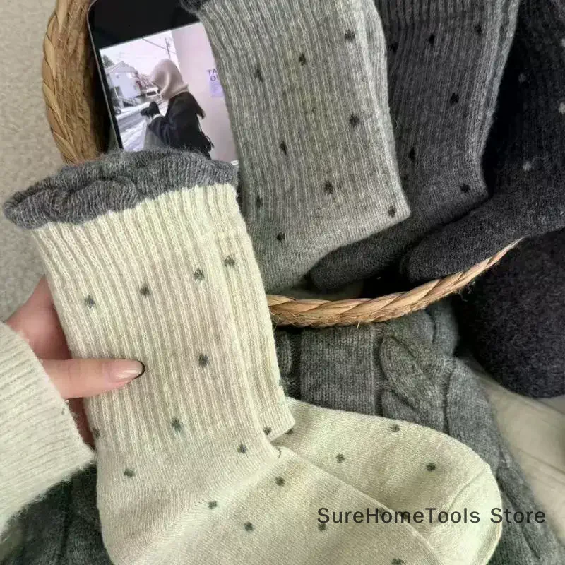 

1 Pairs Autumn Edge Socks Women'S Spring Autumn Mid-Calf Cute Polka Dots Socks Student Socks Women'S Socks