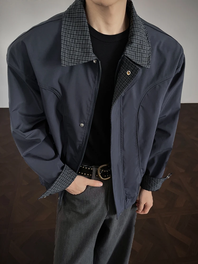 Vintage Paneled Plaid Collar Jacket Men Fall Cleanfit Edgy Cargo Outerwear Tapered Utility Coat Casual Double Placket Streetwear