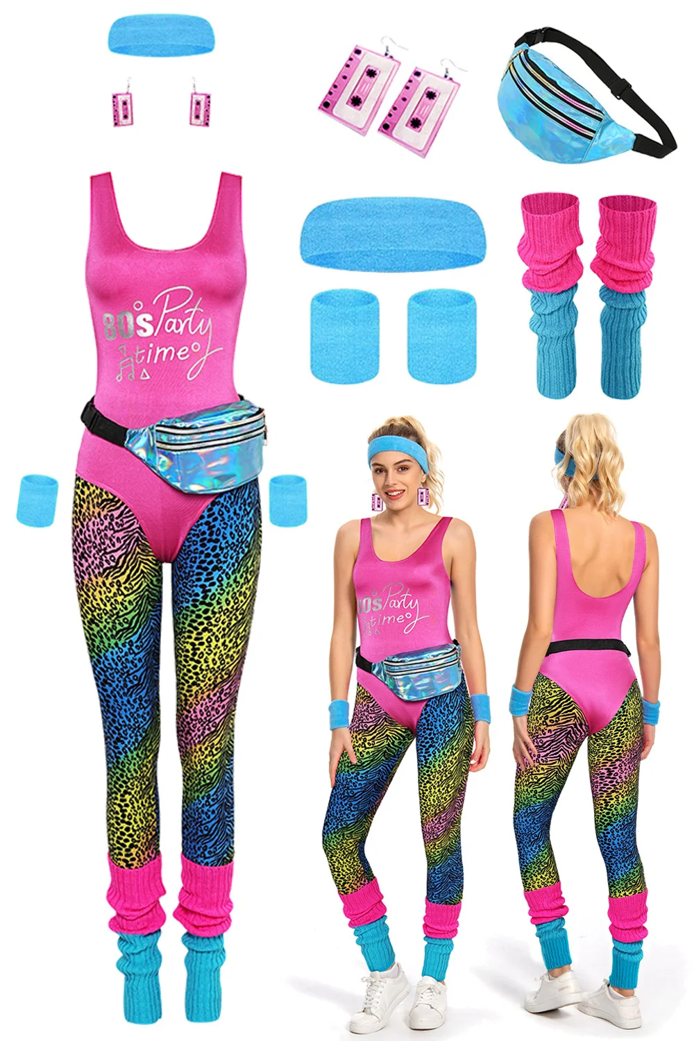 

7PCS 80s Retro Cosplay Workout Costume Vintage Fitness Clothing Women Roleplay Waistbag Legging Earrings Female Halloween Suits