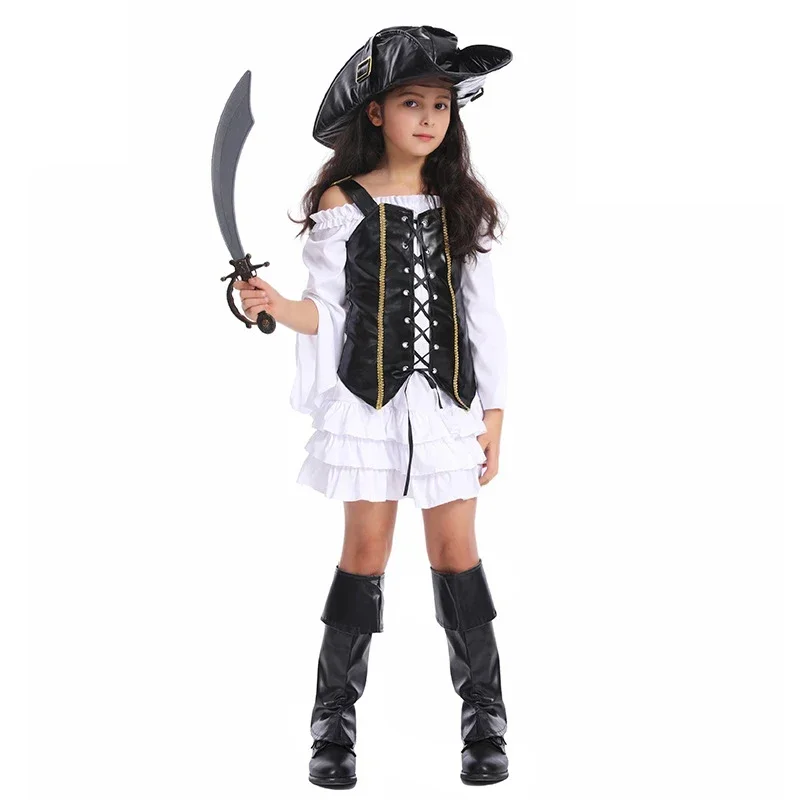 New White Girl pirate dress cosplay Beauty Kids Parties Child Birthday With Leather Hat Boot covers M17