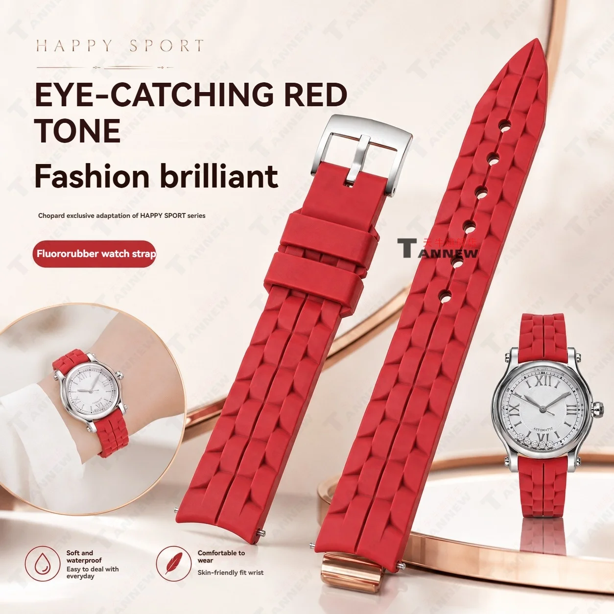 For Chopard Happy Sport, Fluoroelastomer Strap, 15mm 18mm Waterproof Rubber Band Replacement for Happy Diamonds Series