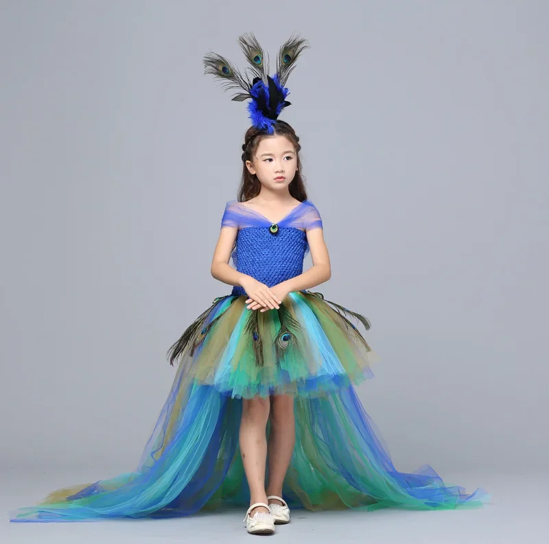 Peacock Dress with Train Tulle For Kids Girls Peacock Feather Toddler Baby Girls Party Clothes for Birthday Photograp