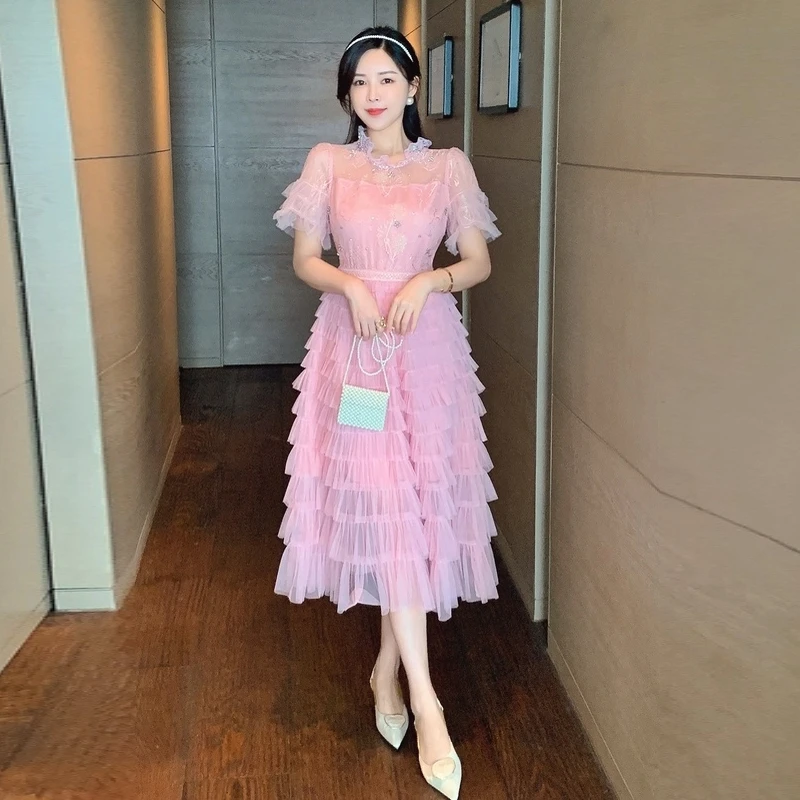 

Women's Dress 2024 New Office Lady French Style Cute Lace Short Sleeve Ruffled Flare Sleeve Gauze Diamonds Pink Dresses