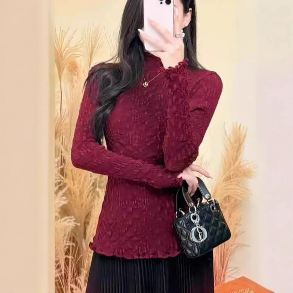 

Miyake Pleated Texture Turtleneck Base Shirt for Women with Autumn Style Fashionable and Versatile Black Ears Long Sleeves Top