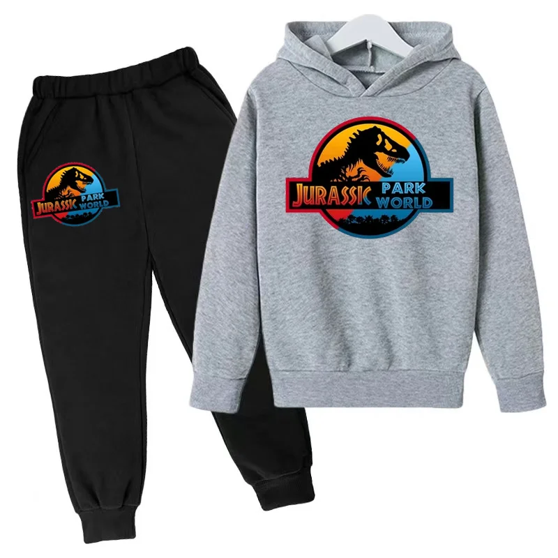 Jurassic Park felpa con cappuccio bambini Cartoon Dinosaur felpa Top + pantaloni Casual ragazzi ragazze Pullover manica lunga autunno tuta Set