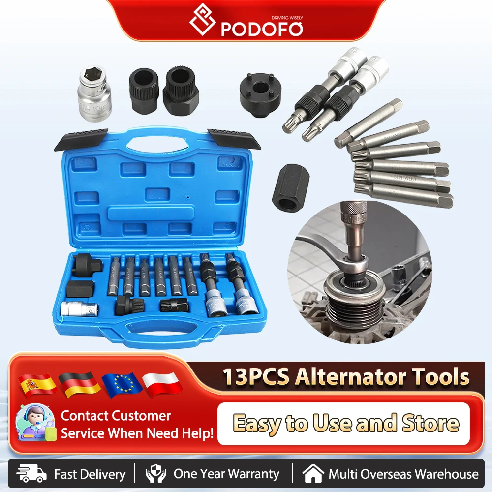 Podofo Set di strumenti per punte a stella con presa per rimozione puleggia ruota libera per alternatore da 13 pezzi