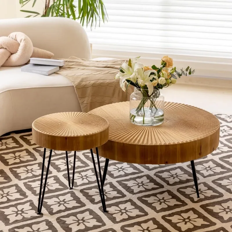 2-Piece Modern Farmhouse Living Room Coffee Table Set, Nesting Table Round Natural Finish with Handcrafted Wood Radial Pattern