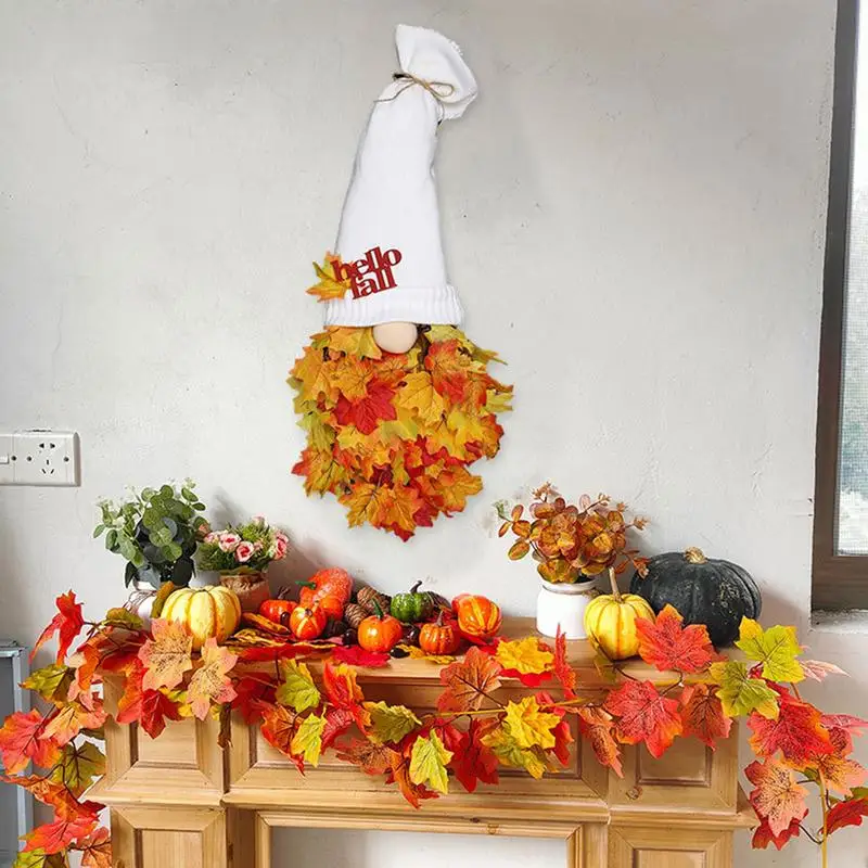 Fall Wreath Artificial Maple Leaves Gnomes Thanksgiving Wreath Autumn Decorations 70cm/27inch Front Door Rustic Wall Hanger