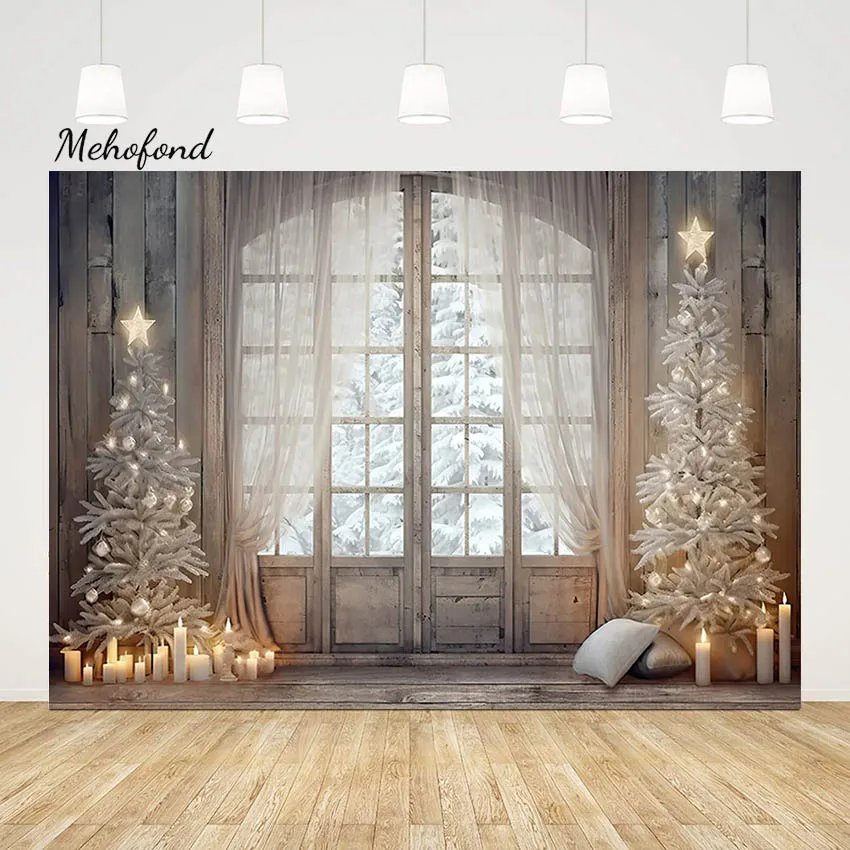 Mehofond Christmas Window Photo Backdrop Merry Xmas Tree Wood Glitter Star Kids Holiday Portrait Photography Background Studio