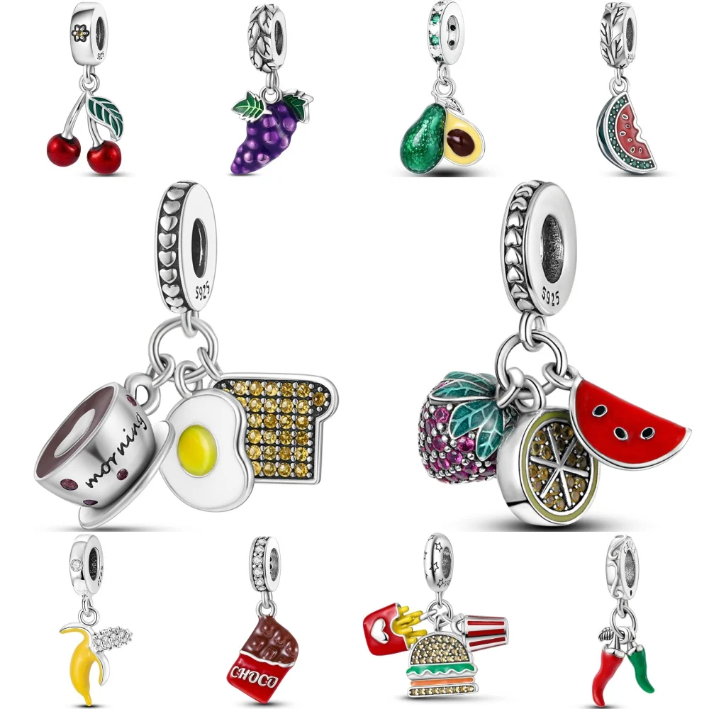 

925 Sterling Silver Watermelon Fruits Vegetables Series Charms Beads Pendant Fit Original Fine Bracelets DIY Jewelry Gifts