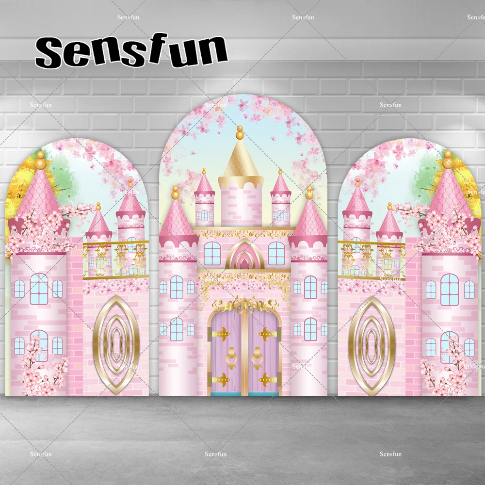 Pink Princess Castle Chiara Wall Arch Backdrop Cover for Girls Newborn Baby Shower 1st Birthday Party Background Doubleside