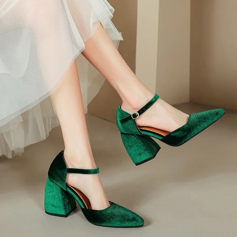 Elegant Velvet High Heels Shoes Female 2023 Sexy Ankle Straps Black Green Women\'s Heeled Pointy Party Shoe Dress Pumps Ladies 45