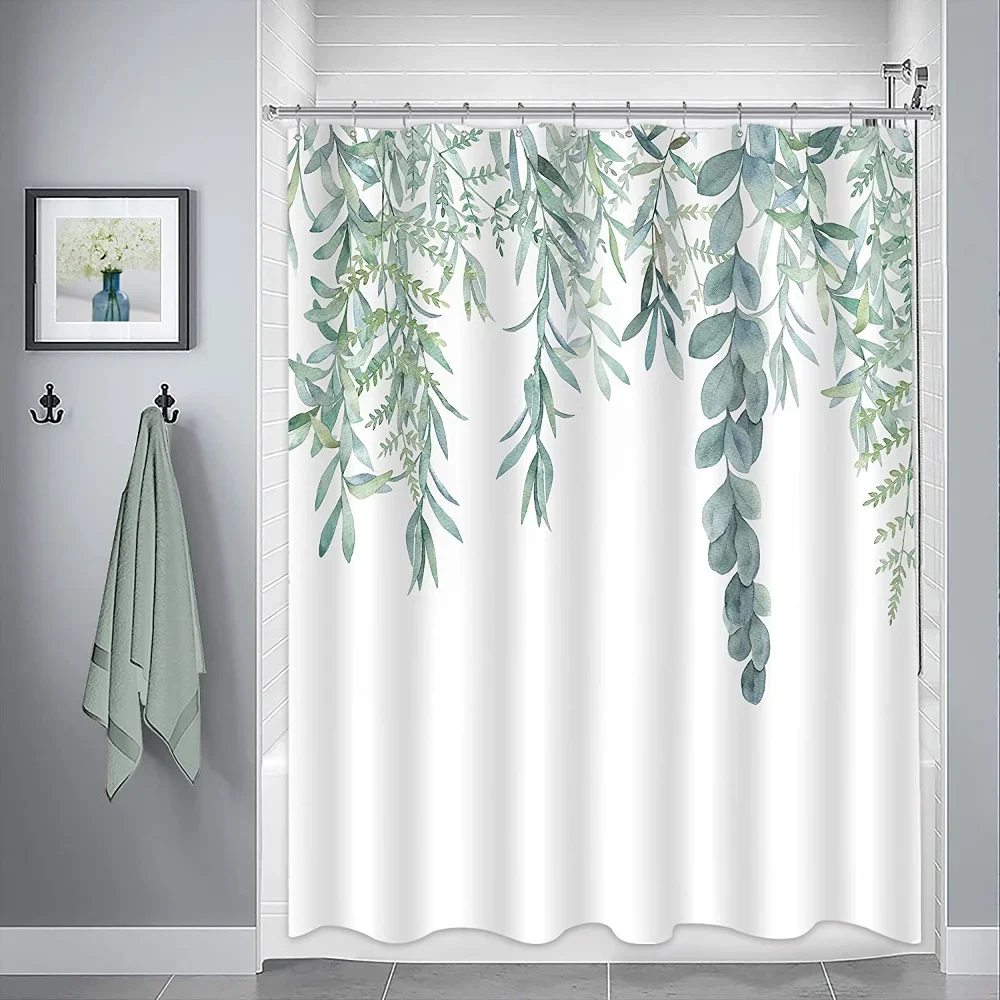 Green Leaves Shower Curtain Set Watercolor Plant Eucalyptus Bathroom Polyester Fabric Home Bathtub Decor Hooks White Curtains