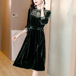 Sexy V-neck Gold Velvet Dress Women Autumn New Elegant Slim Solid Maxi Vestidos Mom Long Sleeve Evening Party Dresses Robe
