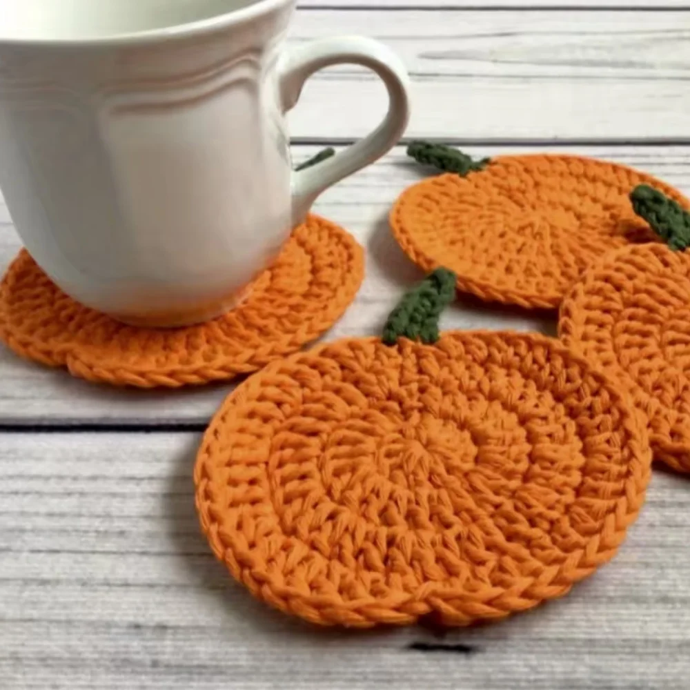 

Autumn Crochet Pumpkin Coasters, Fabric Handmade Drink Pads, Fall Farmhouse Decoration, Table Accessory, Halloween Kitchen Gift.