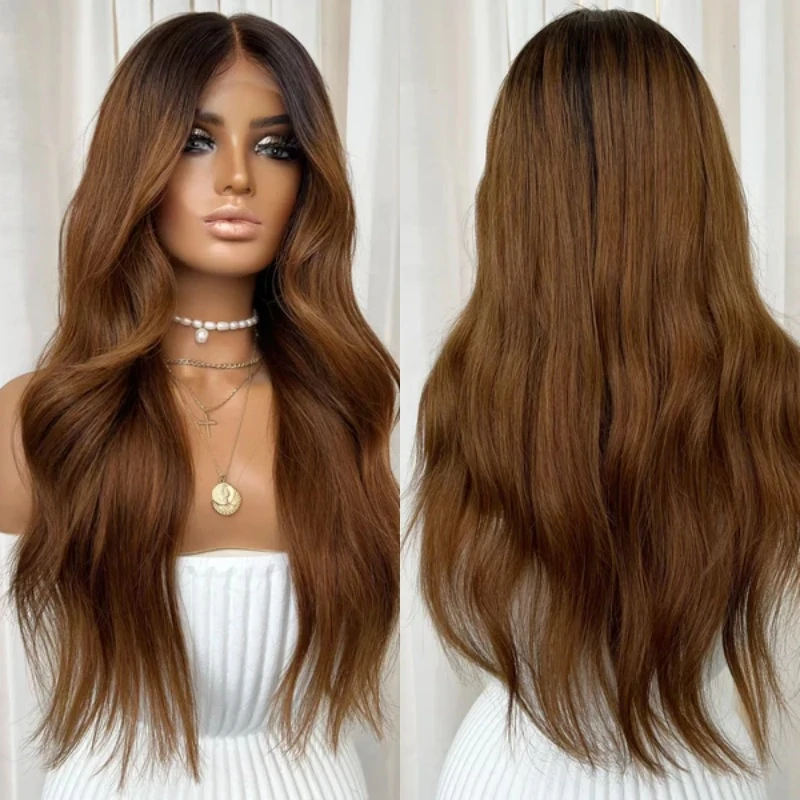 

Модный парик омбре с теплыми коричневыми прядями, синтетический, термостойкий, с натуральной длинной волной, с кружевной передней частью и предварительно выщипанной линией роста волос