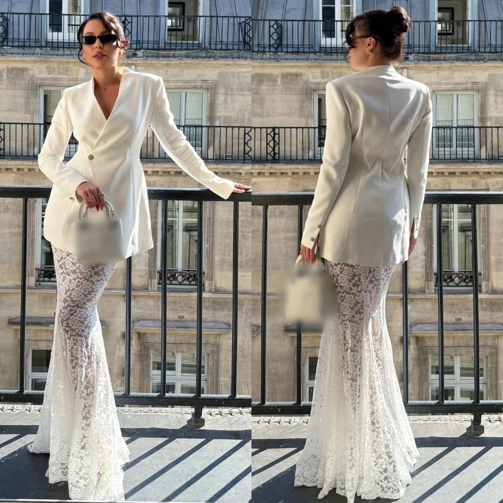 

Customized Jersey Lace Button Temperament Mermaid V-neck Long Dresses Bespoke Occasion Elegant Party Modern Style Formal