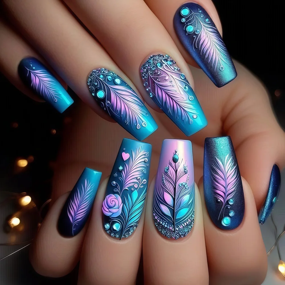 Medium Fake Nails for Women Girls Gradient Ice Blue Purple Flowers Flora Wave Strips Ballet Square Nail Tips Press On False Nail