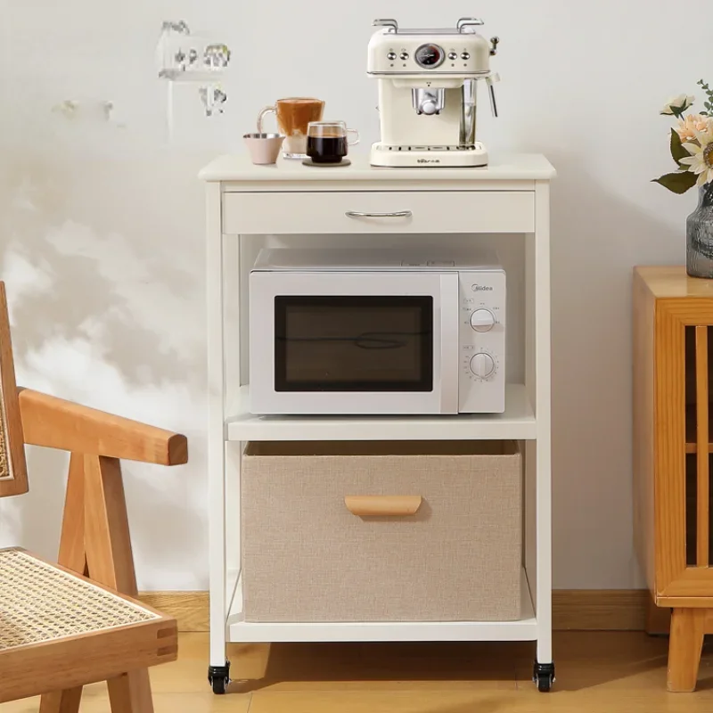 

Solid wood shelves, floor-to-ceiling, mobile microwave, drawers, cream air shelf, coffee maker, white cart