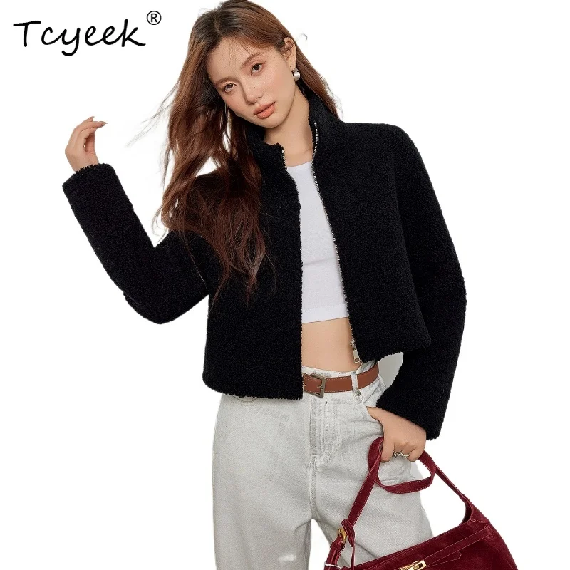 Tcyeek Genuine Wool Autumn Winter High End Fur Integrated Stand Up Collar Black Short Women's Wool Fur Coat Fourrures Femme