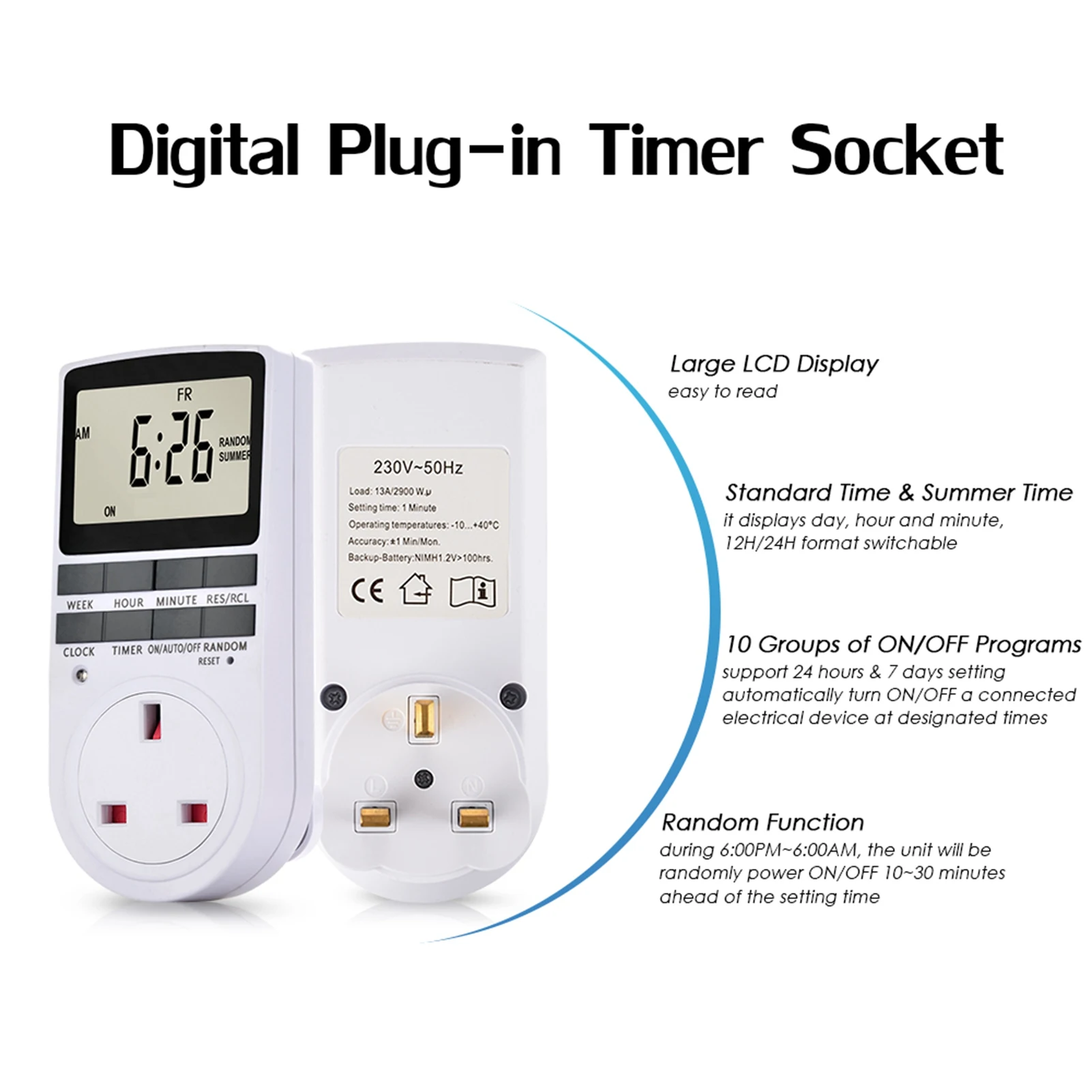 Digital Plug In Socket LCD Display 10 Programmable Switching Timer Programs 24 Hours 7 Days Energy Saving Timer Socket