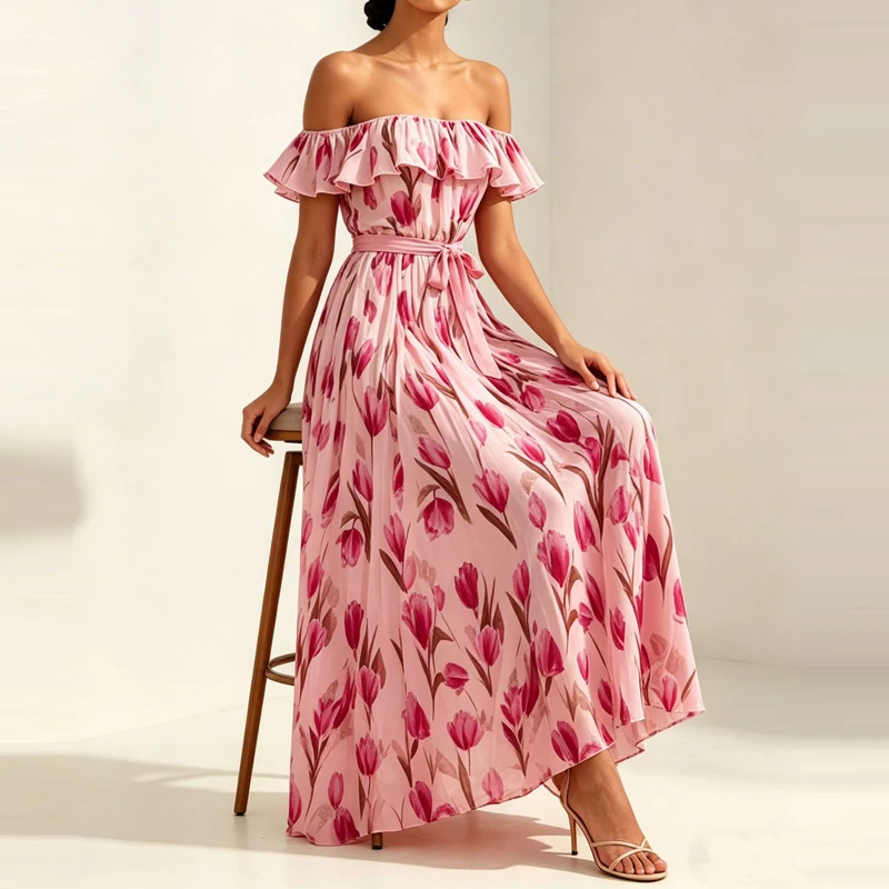 

Casual Sleeveless Ruffled Edge Draped Long Dress Elegant Temperament Women Gowns Sexy Off Shoulder Hight Waist Slim Party Dress