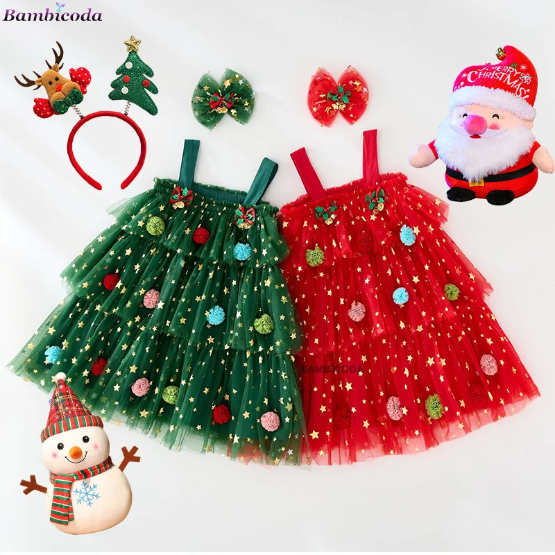 Abito natalizio per bambina, elfo verde, abbigliamento per Capodanno, albero di Natale, tutù in tulle, per abiti da ballo per bambini