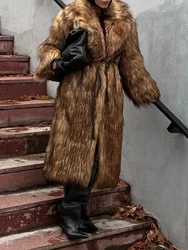 Women Vintage Long Faux Fox Fur Coat Fashion Lapel Thicken Warm Fluffy Overcoat Fluffy Jacket 2024 Winter Lady Street Outerwear