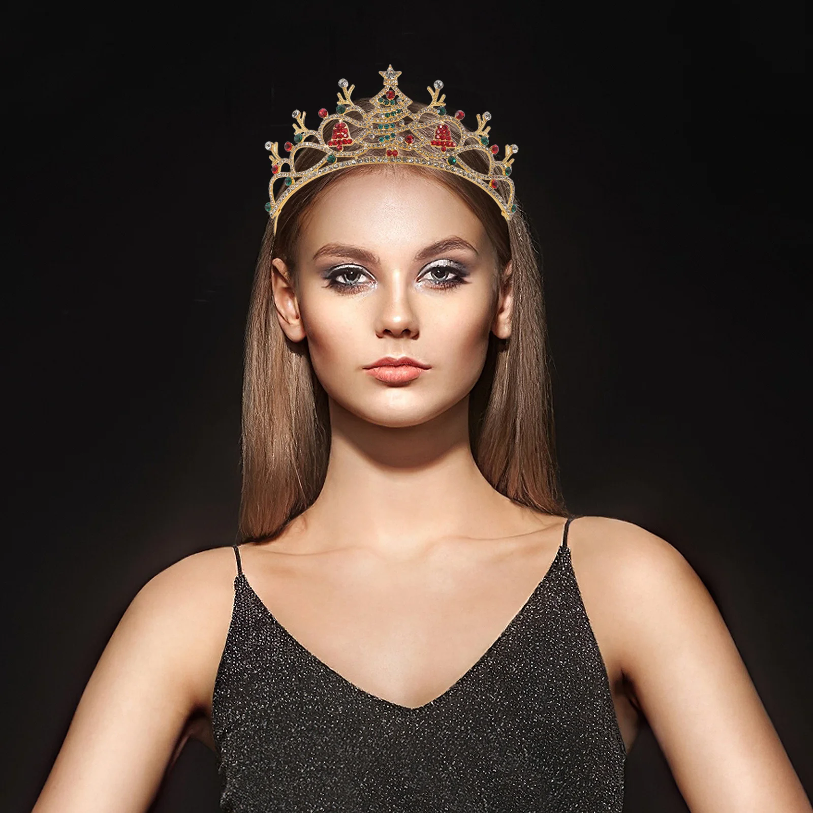 

Christmas Rhinestone Tiara Jeweled Crown Lightweight Xmas Party Headband Bling Holiday Festival Celebration Tiara