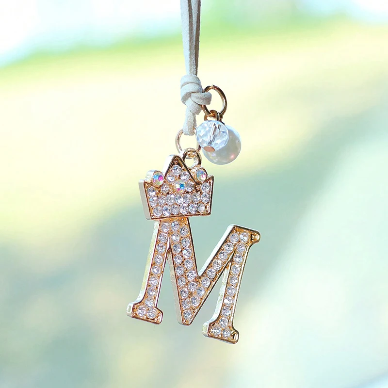 Exquisite English letter car rearview mirror decoration car pendant with diamond crown English pendant decoration car pendant