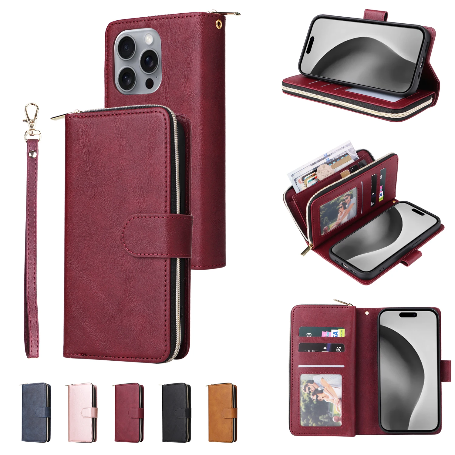 

CAESBON Leather Phone Case With Wallet Card Slot For Iphone 16 Pro Max 15 14 13 12Pro Max 16Plus 16 15 14 13 Pro Shockproof Case