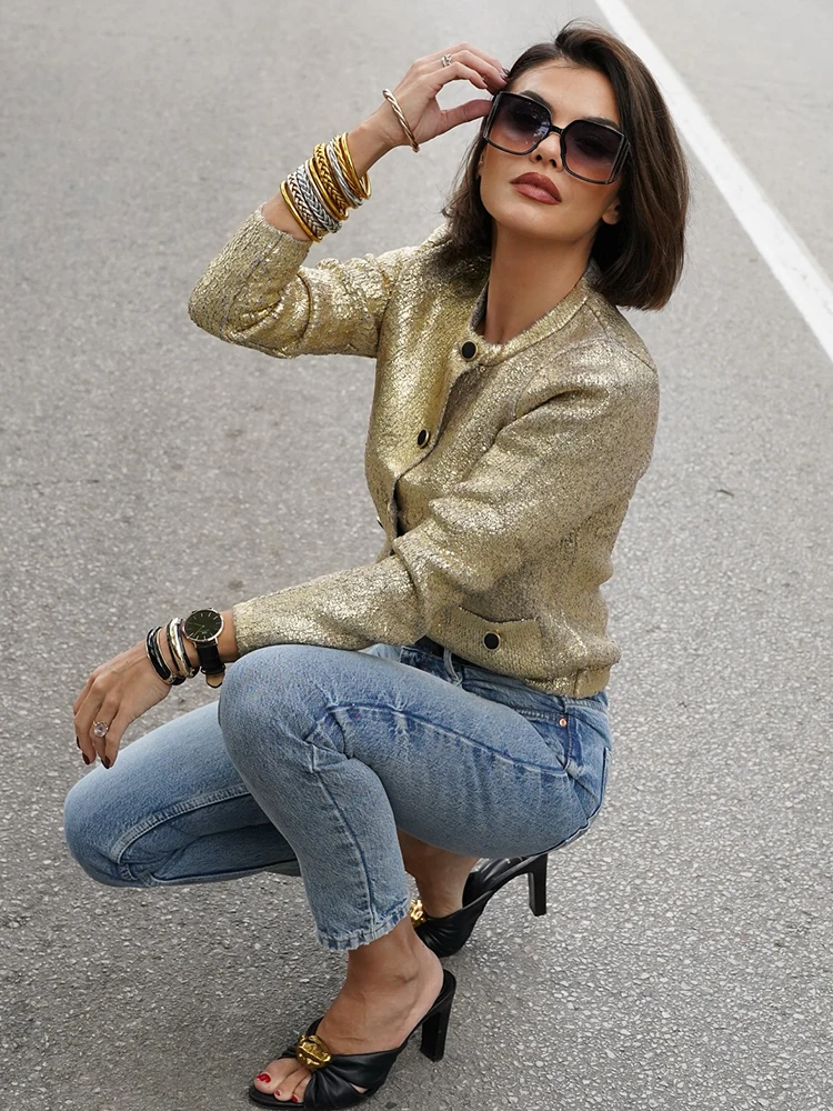 TRAFZA Female High Street Coats Gold O-Neck Long Sleeves Pockets Single Breasted Cardigans Autumn Knitted Tops Woman Trendy 3
