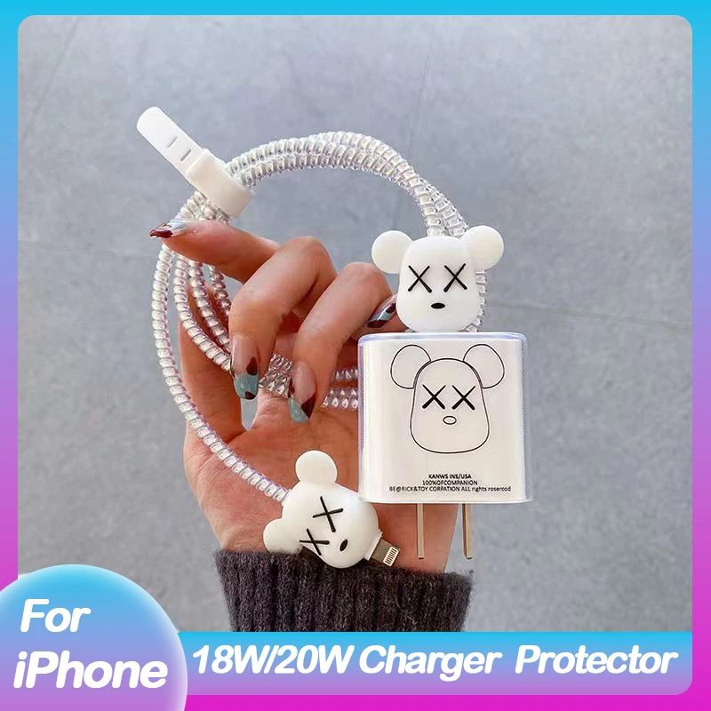 Cute Violent Bear USB Cable Protection Shell For iphone 18/20W US Adapter Charger Protector Cover Soft Winder Spiral Protective