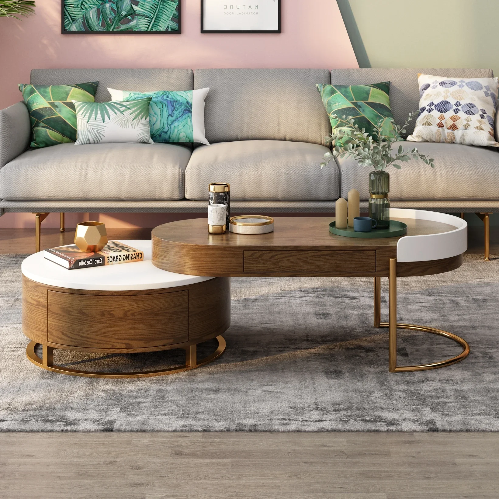 Apartment Living Room Walnut Wooden Center Table Sets Muebles 2 Pcs Round Nesting Lift Top Coffee Tables With Storage