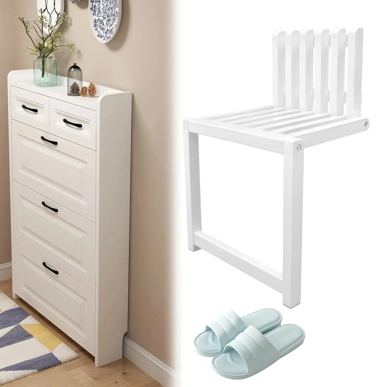 Folding Shoe Change Stool (Matte White Finish) Folding Bathtub Chair Bench Shower Chair Wall Mounted Solid Wood Entryway Chair