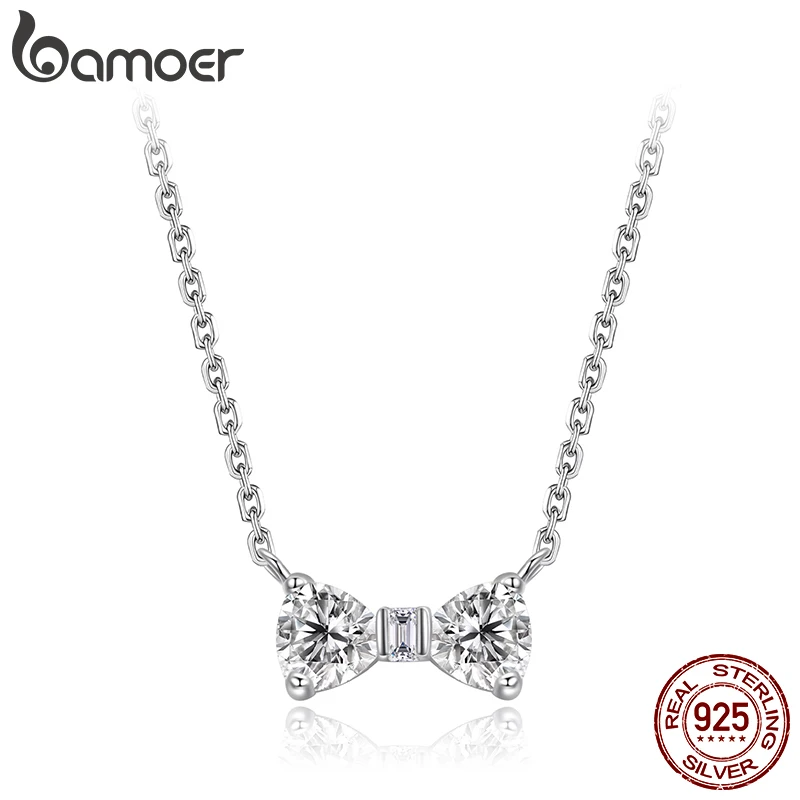 

Bamoer 925 Sterling Silver Full Zircons Bow Pendant Necklace Sweet Bowknot Link Chain for Women Girls Birthday Gift Fine Jewelry