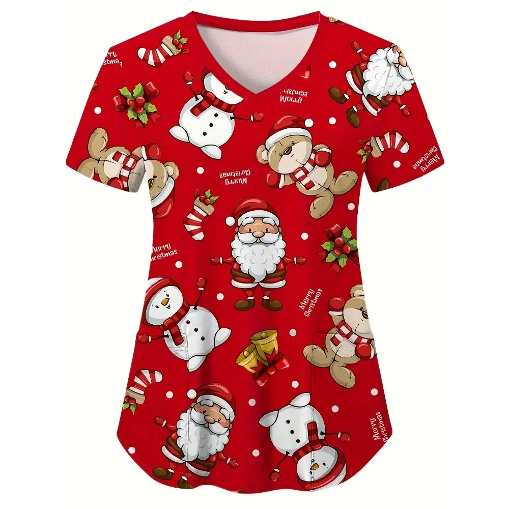 

Nurse Uniform Fashion Women's Christmas snowman Printed Short Sleeve 2024 V-neck Santa Claus Work Uniform Medical Work Uniform