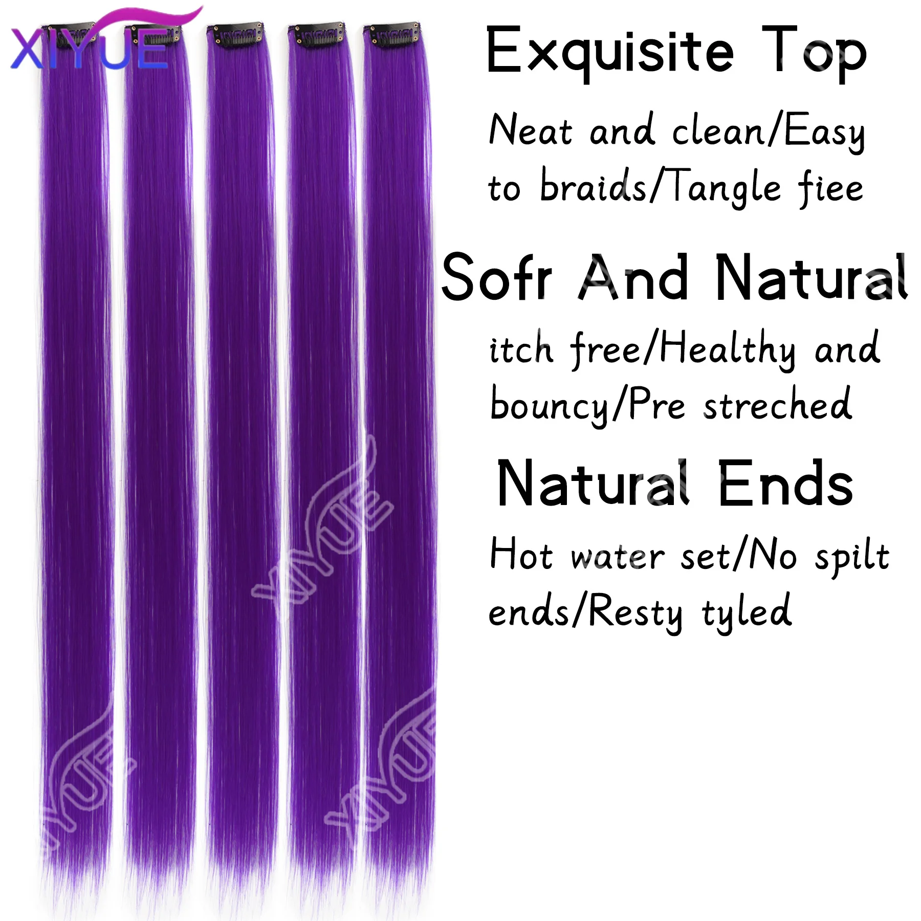 XY Clip in Hair Extensions Colored Party Highlights 24 inches 6pcs/pack Multi-colors Straight Hair Synthetic Hairpieces Purple